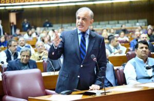 Prime Minister Muhammad Shehbaz Sharif addressing the National Assembly after the approval of the 26th Constitutional Amendment.
