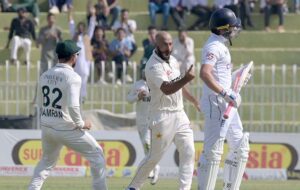 Pakistan player celebrating the wicket of England batter Ollie pope during the last Test Cricket match between Pakistan and England at Pindi Cricket Stadium