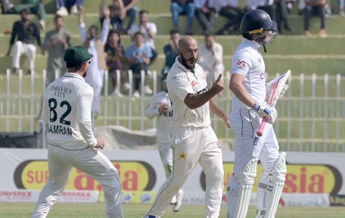 Pakistan player celebrating the wicket of England batter Ollie pope during the last Test Cricket match between Pakistan and England at Pindi Cricket Stadium