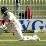 Pakistan’s batter Saud Shakeel plays a shot during the third cricket test match between Pakistan and England at Pindi Cricket Stadium