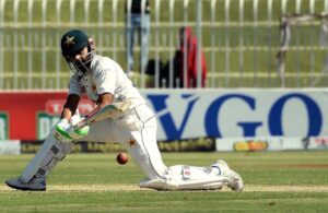 Pakistan’s batter Saud Shakeel plays a shot during the third cricket test match between Pakistan and England at Pindi Cricket Stadium
