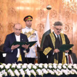 President Asif Ali Zardari administering the oath of office to Justice Yahya Afridi as the Chief Justice of Pakistan at an oath-taking ceremony at Aiwan-e-Sadr