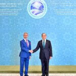 Prime Minister Muhammad Shehbaz Sharif receiving the Indian Foreign Minister Subrahmanyam Jaishankar upon the latter's arrival at the venue of the 23rd SCO Council of Heads of Government Meeting