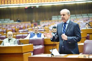 Prime Minister Muhammad Shehbaz Sharif addressing the National Assembly after the approval of the 26th Constitutional Amendment.