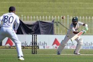 Pakistan’s batter Saud Shakeel plays a shot during the third cricket test match between Pakistan and England at Pindi Cricket Stadium