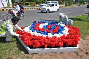 A floral peacock installation by CDA on Constitution Avenue ahead of the 23rd Shanghai Cooperation Organization SCO summit in Islamabad.