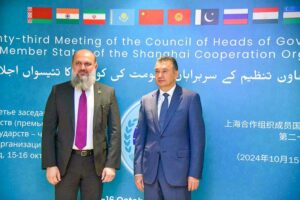 Prime Minister of Tajikistan, Kohir Rasulzoda being received by Federal Minister for Commerce Jam Kamal Khan at Islamabad International Airport as he arrives in Pakistan to attend the SCO Summit.