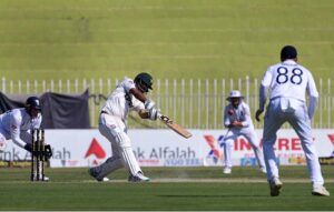 Pakistan’s batter Saud Shakeel plays a shot during the third cricket test match between Pakistan and England at Pindi Cricket Stadium