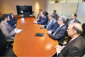 Federal Minister for Finance and Revenue Senator Muhammad Aurangzeb in a meeting with Ms. Deemah Al Yahya, Secretary General, Digital Cooperation Organization (DCO)