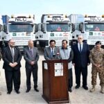 MNA, Engineer Qamar-ul-Islam Raja addressing during ceremony, On instructions of Prime Minister, Pak NDMA Dispatched 15th & 16th Consignment of 200 tons of relief items for people of Lebanon & Gaza through NLC convoy from NDMA's Warehouse