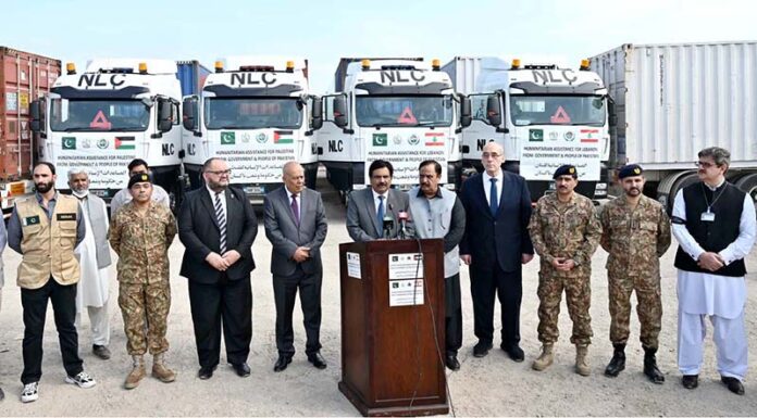 MNA, Engineer Qamar-ul-Islam Raja addressing during ceremony, On instructions of Prime Minister, Pak NDMA Dispatched 15th & 16th Consignment of 200 tons of relief items for people of Lebanon & Gaza through NLC convoy from NDMA's Warehouse