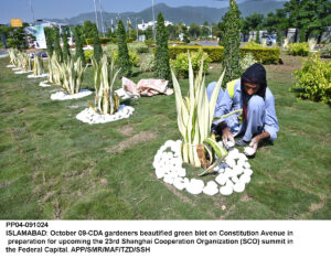 A floral peacock installation by CDA on Constitution Avenue ahead of the 23rd Shanghai Cooperation Organization SCO summit in Islamabad.