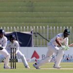 Pakistan’s batter Shan Masood plays a shot during the third cricket test match between Pakistan and England at Pindi Cricket Stadium