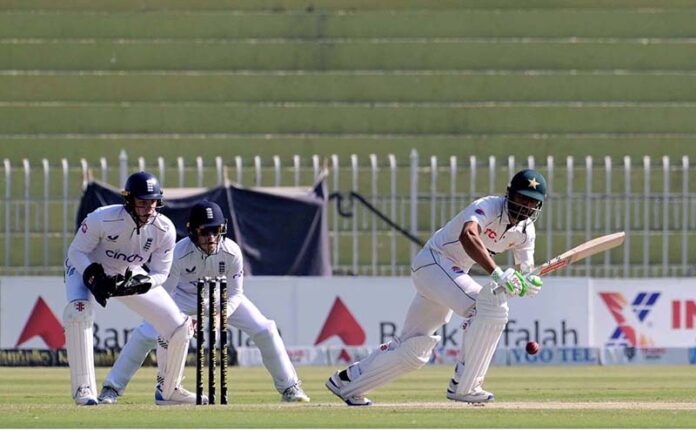 Pakistan’s batter Shan Masood plays a shot during the third cricket test match between Pakistan and England at Pindi Cricket Stadium