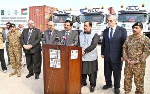 MNA, Engineer Qamar-ul-Islam Raja addressing during ceremony, On instructions of Prime Minister, Pak NDMA Dispatched 15th & 16th Consignment of 200 tons of relief items for people of Lebanon & Gaza through NLC convoy from NDMA's Warehouse