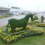 A beautiful view of colorful flowers and a statue of a horse on a greenbelt, which contributes to the beautification of the Federal Capital