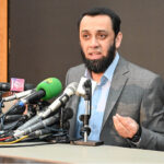 Federal Minister for Information, Broadcasting, National Heritage and Culture Attaullah Tarar addressing a press conference at 180H Model Town