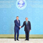 Prime Minister Muhammad Shehbaz Sharif receiving the Prime Minister of Tajikistan H. E. Qohir Rasulzoda at the venue of the 23rd SCO Council of Heads of Government Meeting
