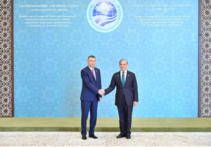Prime Minister Muhammad Shehbaz Sharif receiving the Prime Minister of Tajikistan H. E. Qohir Rasulzoda at the venue of the 23rd SCO Council of Heads of Government Meeting