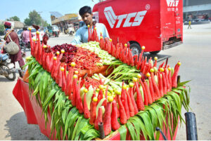 A vendor displaying the fresh carrots to attract the customers on hand cart.