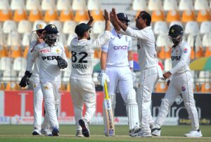 Abdullah Shafique dives in a valiant attempt to catch England's Shoaib Bashir during day four of the Second Test Match at Multan Cricket Stadium.