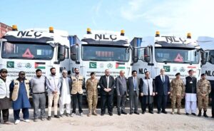 A group photograph of MNA, Engineer Qamar-ul-Islam Raja, MNA, Malik Ibrar Ahmed, Ambassador of Lebanon H.E. Ghassan El Khatib and Deputy Head of Mission of the State of Palestine H.E. Nader K. Alturk, on instructions of Prime Minister, Pak NDMA dispatched 15th & 16th Consignment of 200 tons of relief items for people of Lebanon & Gaza through NLC convoy from NDMA's Warehouse