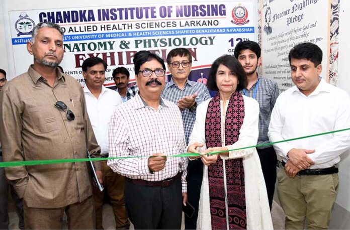 Vice Chancellor of Shaheed Mohtarma Benazir Bhutto Medical University Professor Dr. Nusrat Shah along with Chairman of the Institute S. Iqbal Babu and other inaugurating An exhibition was held on the topic of 