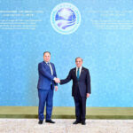 Prime Minister Muhammad Shehbaz Sharif receiving the Prime Minister of Belarus H. E. Roman Golovchenko at the venue of the 23rd SCO Council of Heads of Government Meeting