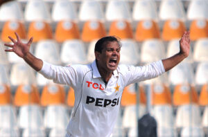 Abdullah Shafique dives in a valiant attempt to catch England's Shoaib Bashir during day four of the Second Test Match at Multan Cricket Stadium.