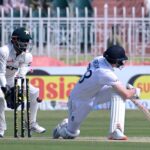 England batter Ben Duckett is being bowled by Pakistan bowler Sajid during the last Test Cricket match between Pakistan and England at Pindi Cricket Stadium