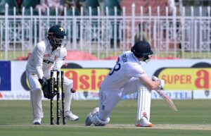 England batter Ben Duckett is being bowled by Pakistan bowler Sajid during the last Test Cricket match between Pakistan and England at Pindi Cricket Stadium