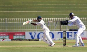 Pakistan’s batter Shan Masood plays a shot during the third cricket test match between Pakistan and England at Pindi Cricket Stadium