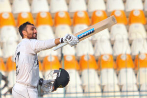 Pakistani player Salman Ali Agha celebrates his century during day two of the First Test Match of Cricket between Pakistan and England at Multan Cricket Stadium.