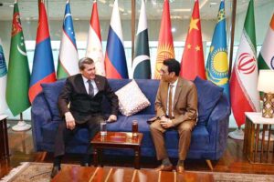 Turkmenistan, Deputy Chairman of the Cabinet of Ministers, Rashid Meredov being received by Federal Minister for Education and Professional Training, Khalid Maqbool Siddiqui at Islamabad International Airport as he arrives in Pakistan to attend the SCO Summit.