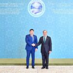 Prime Minister Muhammad Shehbaz Sharif receiving the Prime Minister of Mongolia H.E. Oyun-Erdene Luvsannamsrain at the venue of the 23rd SCO Council of Heads of Government