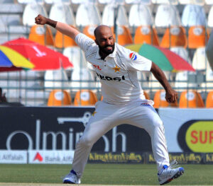 Abdullah Shafique dives in a valiant attempt to catch England's Shoaib Bashir during day four of the Second Test Match at Multan Cricket Stadium.