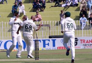 Pakistan player celebrating the wicket of England batter Ollie pope during the last Test Cricket match between Pakistan and England at Pindi Cricket Stadium
