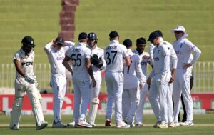 England player celebrating after taking wicket of Pakistan batter Aamer jamal during the third cricket test match between Pakistan and England at Pindi Cricket Stadium