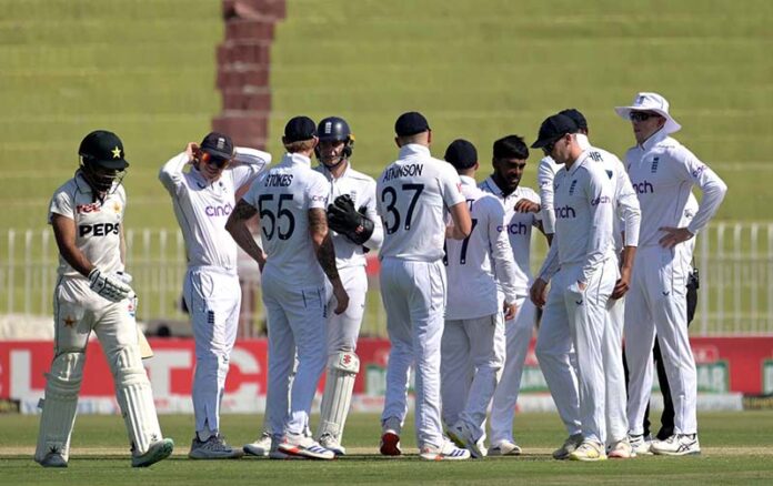 England player celebrating after taking wicket of Pakistan batter Aamer jamal during the third cricket test match between Pakistan and England at Pindi Cricket Stadium