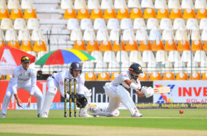Pakistani player Salman Ali Agha celebrates his century during day two of the First Test Match of Cricket between Pakistan and England at Multan Cricket Stadium.