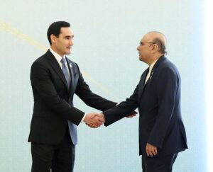 President Asif Ali Zardari being welcomed by the President of Turkmenistan, Serdar Berdimuhammadov, upon his arrival at the International Forum on "Interrelation of Times and Civilizations - Basis of Peace and Development.