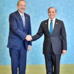 Prime Minister Muhammad Shehbaz Sharif receiving the Prime Minister of Uzbekistan H.E. Abdulla Aripov at the venue of the 23rd SCO Council of Heads of Government