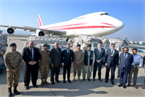 Spokesperson of the Federal Government on Legal Affairs, Barrister Aqeel Malik in a group photo with the Deputy Head of Mission of the State of Palestine, Nader K. Alturk. On instructions of Prime Minister, Pak NDMA dispatches 13th Consignment of 100 tons for people of Gaza from Islamabad International Airport to Amman, Jordan