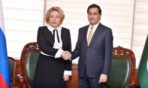 Speaker National Assembly Sardar Ayaz Sadiq in a meeting with Parliamentary delegation headed by Speaker of the Federation Council of the Russian Federation Ms. Valentina Matvienko at Parliament House.