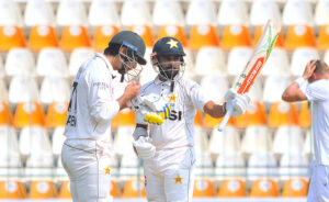 Pakistani player Salman Ali Agha celebrates his century during day two of the First Test Match of Cricket between Pakistan and England at Multan Cricket Stadium.