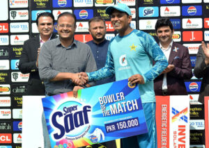Pakistan’s Noman Ali receiving Bowler of the Match during day four of the Second Test Match between Pakistan and England at Multan Cricket Stadium.