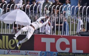 England batter Ben Duckett is being bowled by Pakistan bowler Sajid during the last Test Cricket match between Pakistan and England at Pindi Cricket Stadium