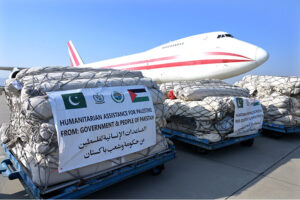 Spokesperson of the Federal Government on Legal Affairs, Barrister Aqeel Malik in a group photo with the Deputy Head of Mission of the State of Palestine, Nader K. Alturk. On instructions of Prime Minister, Pak NDMA dispatches 13th Consignment of 100 tons for people of Gaza from Islamabad International Airport to Amman, Jordan