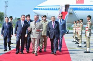 Prime Minister Muhammad Shehbaz Sharif receives Chinese Premier H.E. Li Qiang upon his arrival in Pakistan.