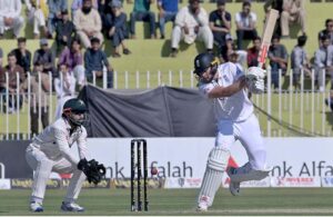 England batter Ben Duckett is being bowled by Pakistan bowler Sajid during the last Test Cricket match between Pakistan and England at Pindi Cricket Stadium